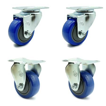 Service Caster 3 Inch Blue Polyurethane Wheel Swivel Top Plate Caster Set with 2 Rigid SCC SCC-20S314-PPUB-BLUE-2-R314-2